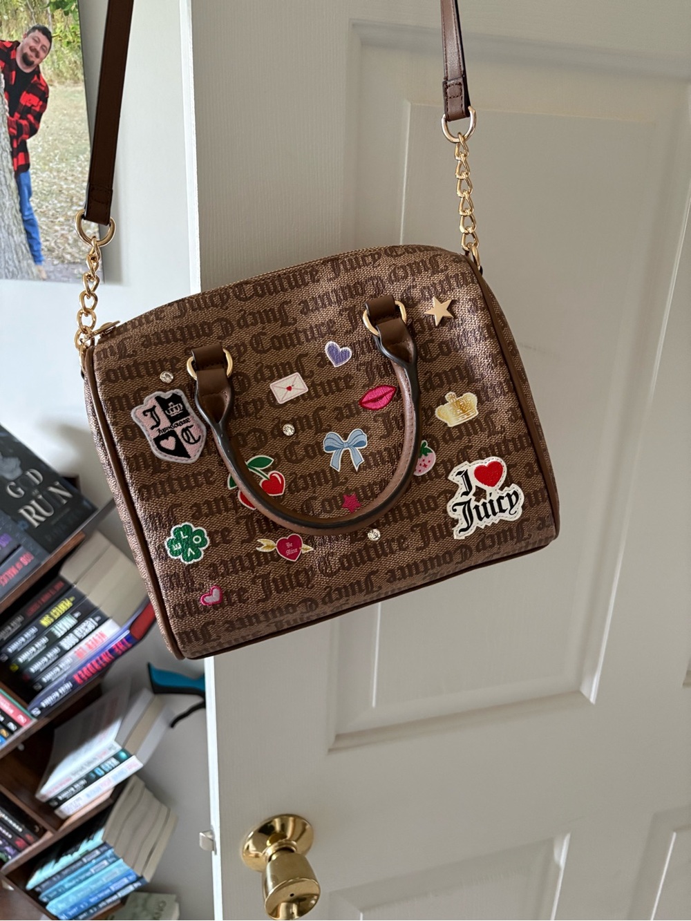 Juicy Couture Brown Logo Satchel with Multicolor Patch Accents
